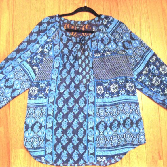 Zac & Rachel Size Large Navy Lace Trim Sheer Lightweight Chic 3/4 Sleeve Blouse - Picture 2 of 6